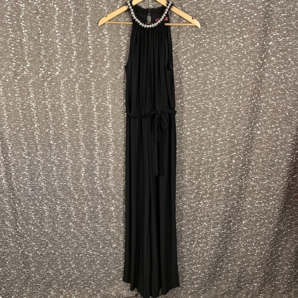 Betsey Johnson Black Wide Leg Jumpsuit Pearl Halter Neckline Business Women's 6‎